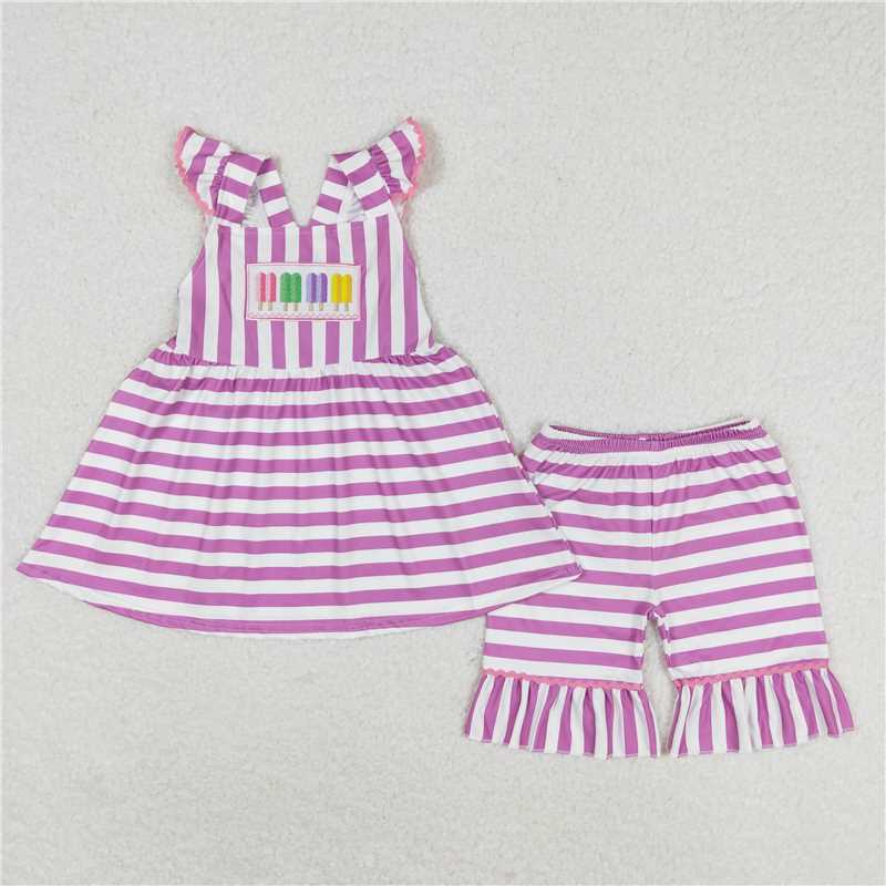 GSSO0734 Embroidered colorful ice cream purple and white striped flying sleeve shorts suit