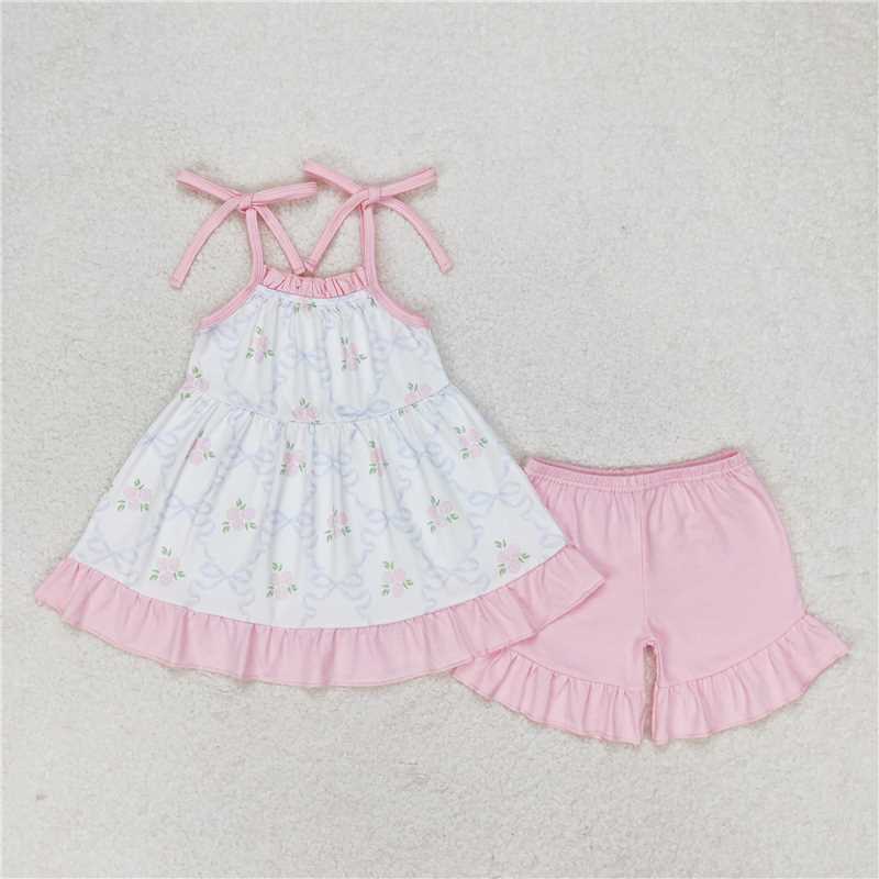 GSSO0725 White Sleeveless Pink Shorts Set with Flower Bow Pattern