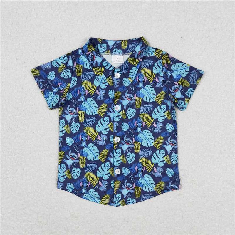 BT0608 Cartoon Stitch Leaves Blue Button Short Sleeve Top