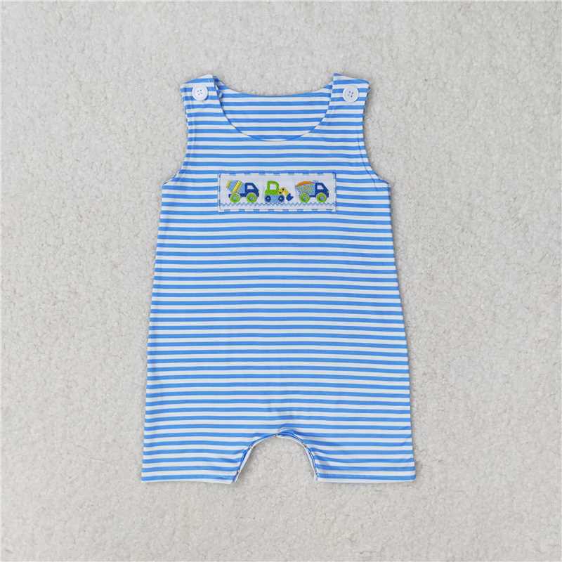 SR1005 Embroidered Engineering Vehicle Blue and White Striped Sleeveless Jumpsuit