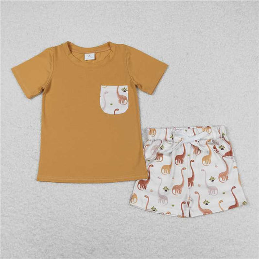 BSSO0464 Dinosaur Pocket Brown Short Sleeve Shorts Set