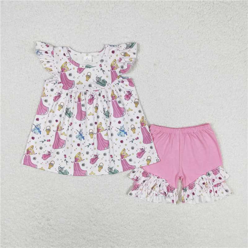 GSSO0910 Disney Princess Flower Star Pink Flying Sleeve Shorts Set