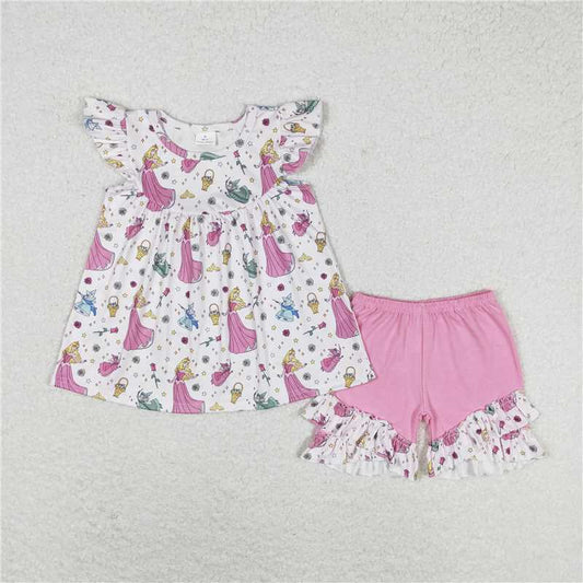 GSSO0910 Disney Princess Flower Star Pink Flying Sleeve Shorts Set