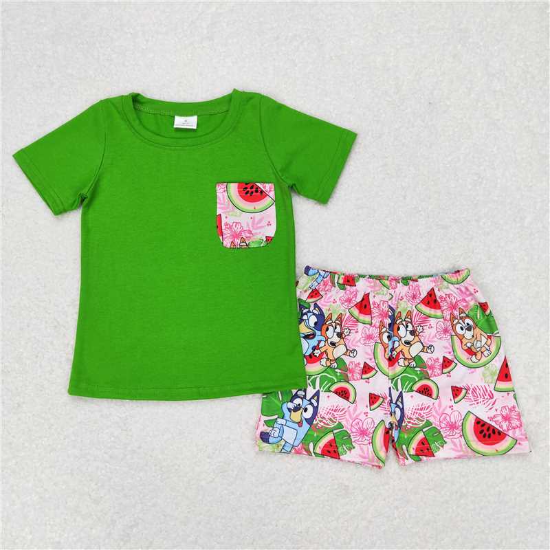 BSSO0743 bluey cartoon watermelon pocket green short-sleeved shorts suit