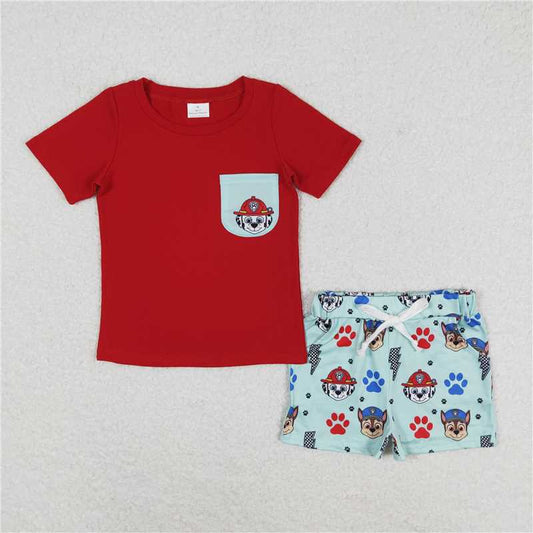 BSSO0794 Paw Patrol Cartoon Pocket Red Short Sleeve Green Shorts Suit