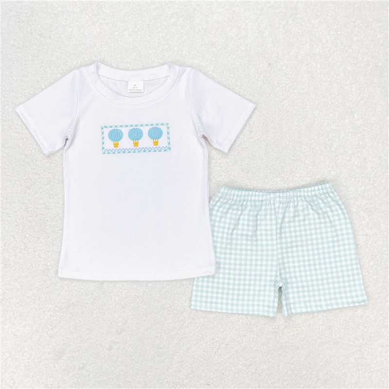 BSSO0784 Embroidered hot air balloon white short-sleeved plaid shorts suit