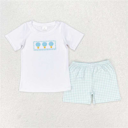 BSSO0784 Embroidered hot air balloon white short-sleeved plaid shorts suit