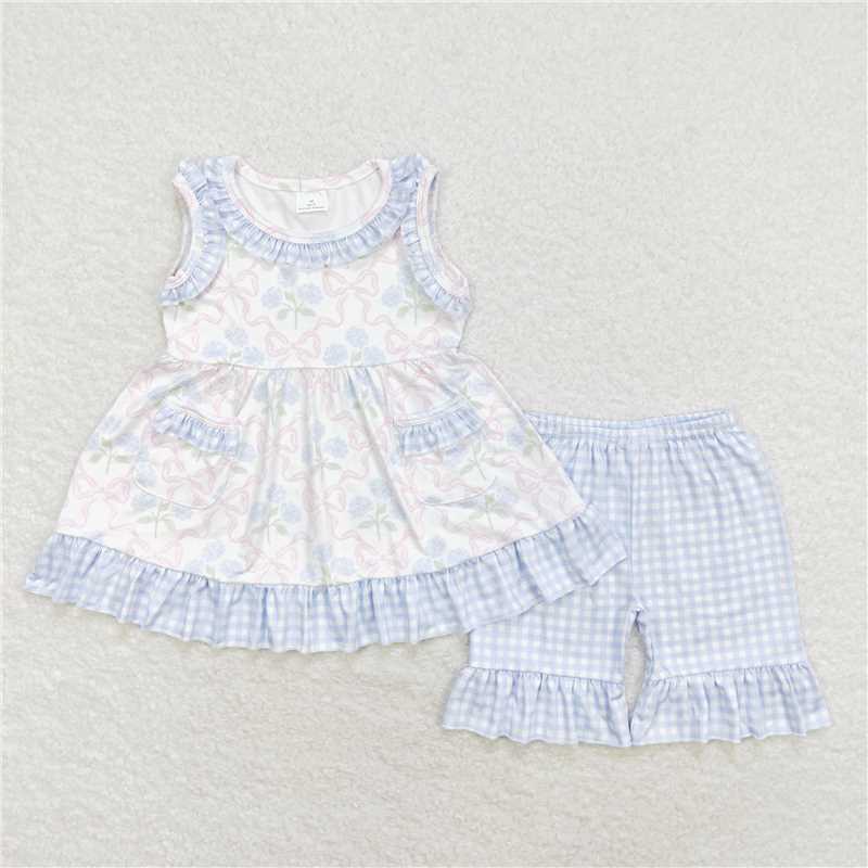 GSSO1051 Blue flower and pink bow pattern plaid lace sleeveless shorts set