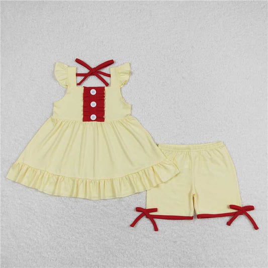 GSSO0971 Red lace light yellow flying sleeve shorts set