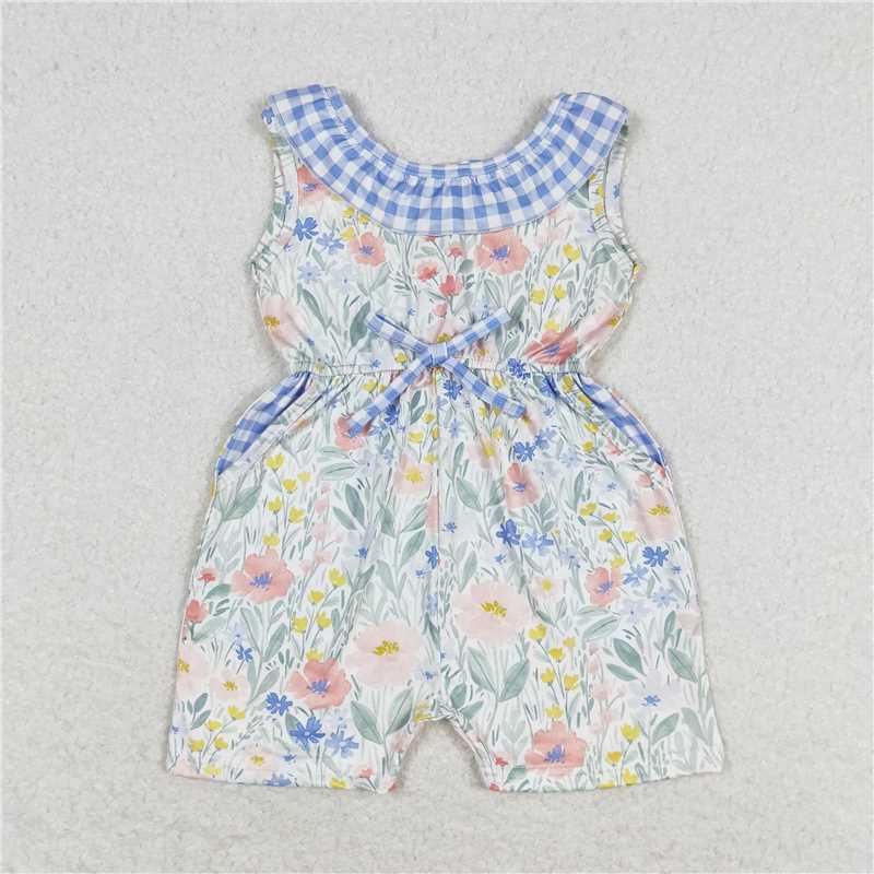 SR1343 Flower floral blue and white plaid lace sleeveless jumpsuit