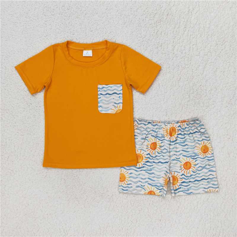 BSSO0897 Sun wave line pocket orange short sleeve shorts set