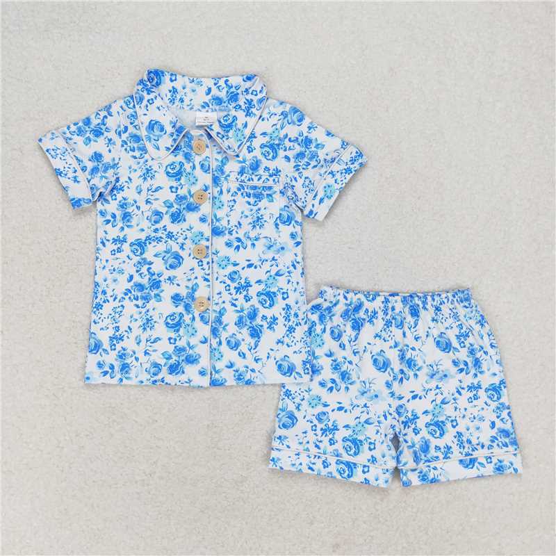 GSSO1120 Blue flower white short-sleeved shorts pajama set