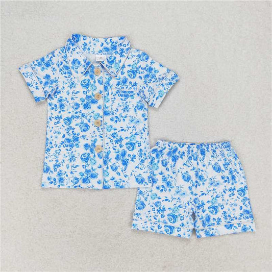 GSSO1120 Blue flower white short-sleeved shorts pajama set