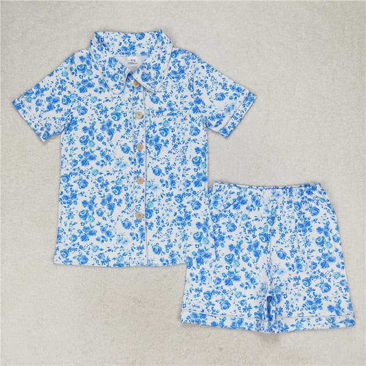 4.10 GSSO1148 Adult female blue flower white short-sleeved shorts pajamas set