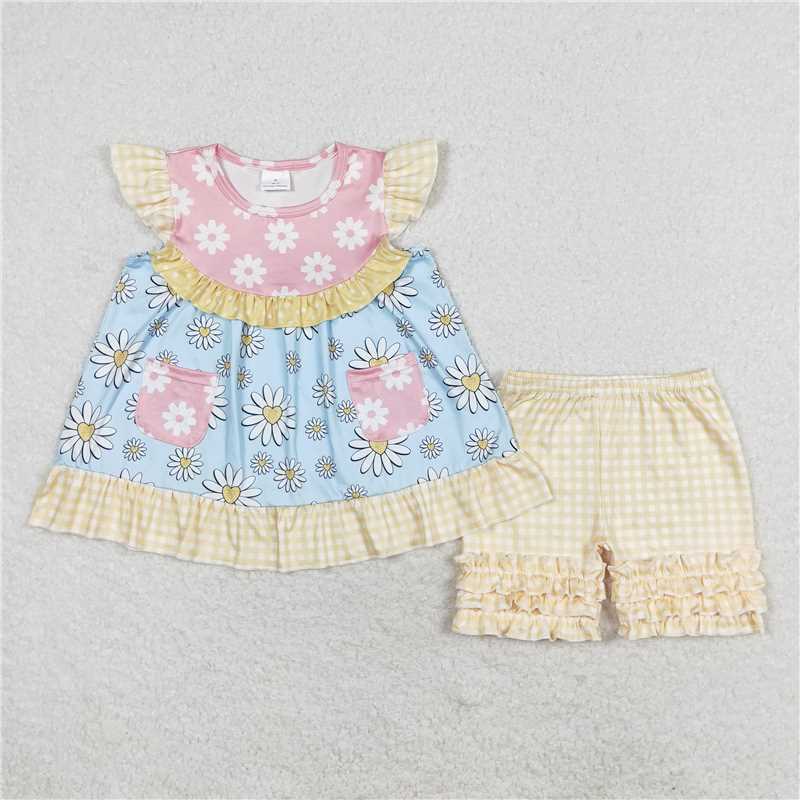 GSSO1036 Floral powder blue flying sleeves yellow plaid shorts set