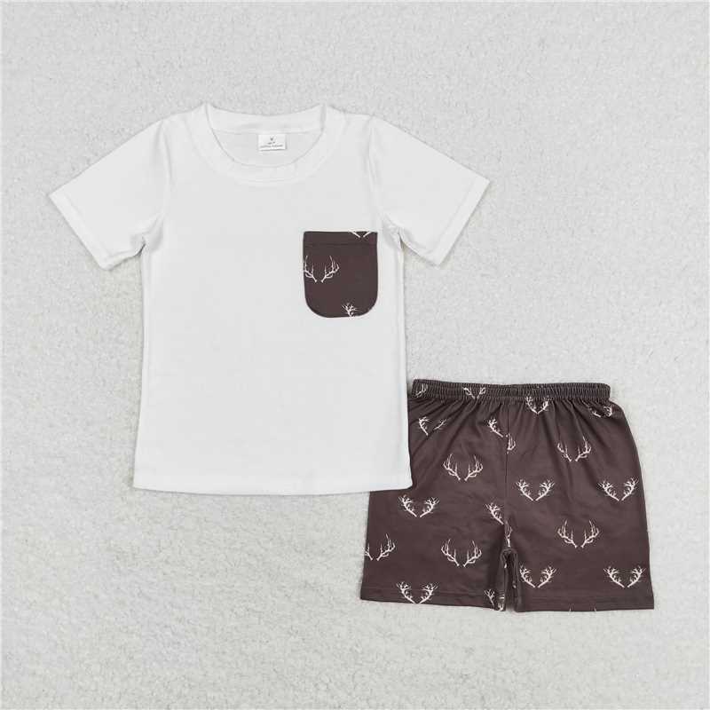 BSSO0896 Deer horn pocket beige short sleeve brown shorts set