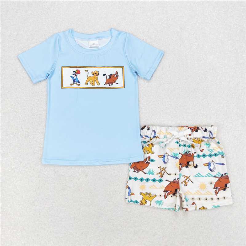 BSSO0882 Cartoon lion blue short-sleeved beige shorts suit