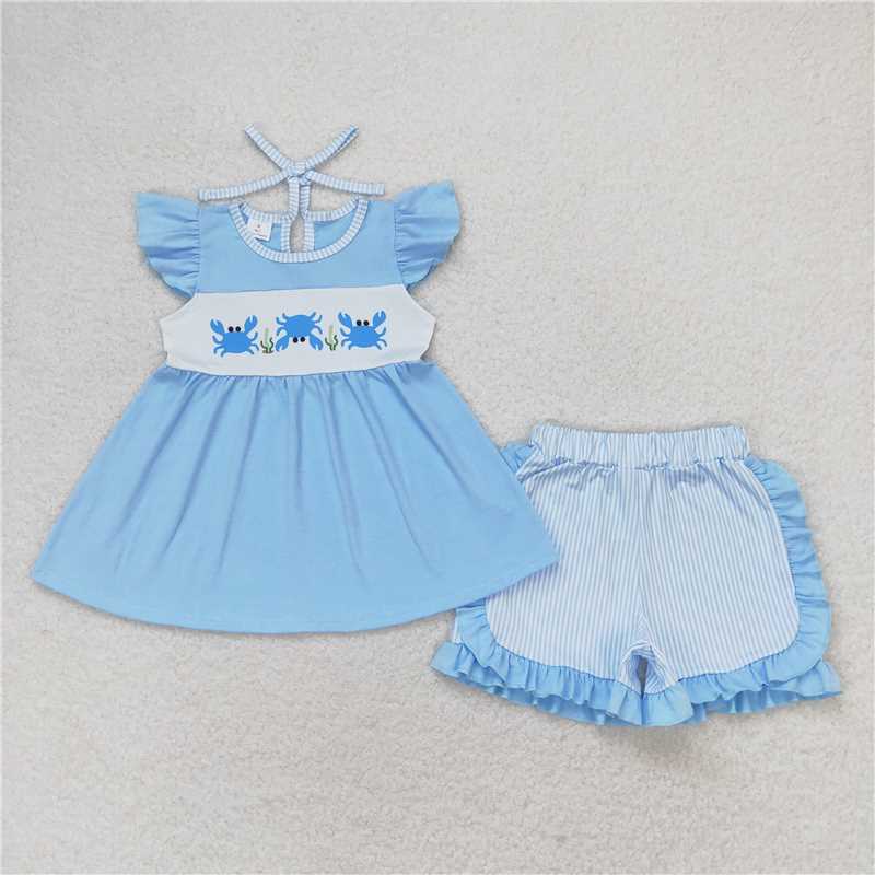 GSSO0927 Crab blue flying sleeve striped shorts suit