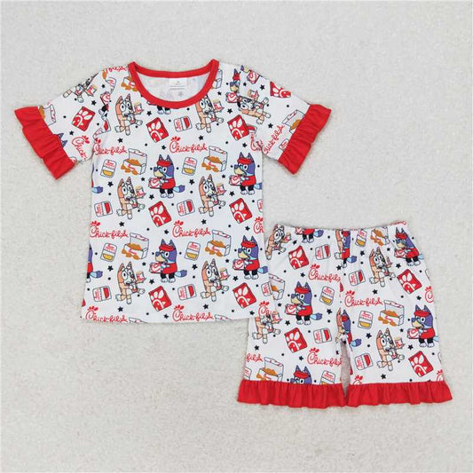 GSSO1292 bluey chick fried chicken star red and white lace short-sleeved shorts pajamas set