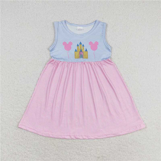 GSD1052 Mickey Balloon Castle pink and blue striped sleeveless dress