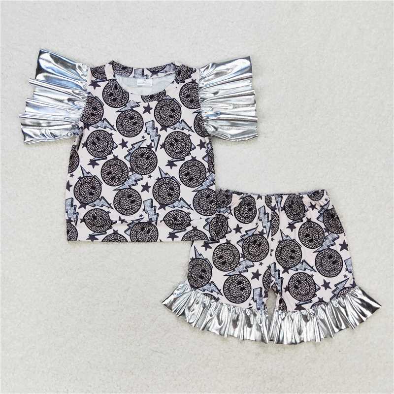 GSSO0521 Leopard print smiley face star lightning silver lace short-sleeved shorts set