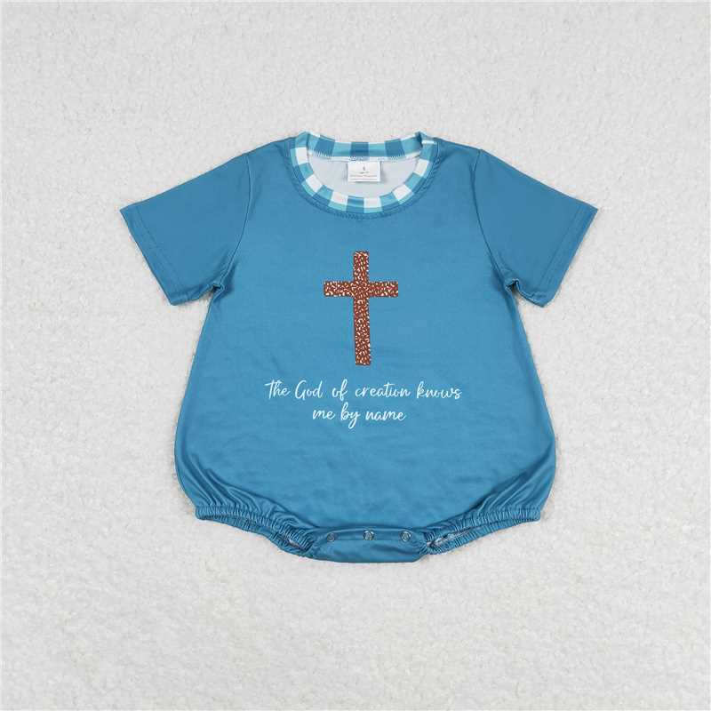 SR1529 Boys' short-sleeved blue-green bodysuit with cross lettering