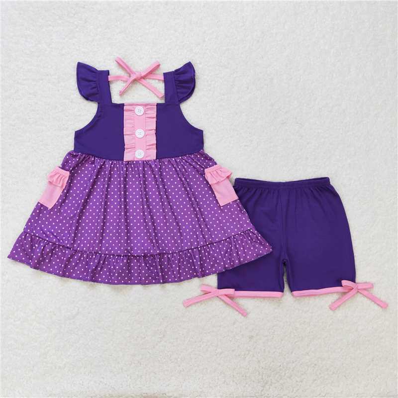 GSSO0965 Pink lace pocket polka dot purple flying sleeve shorts set