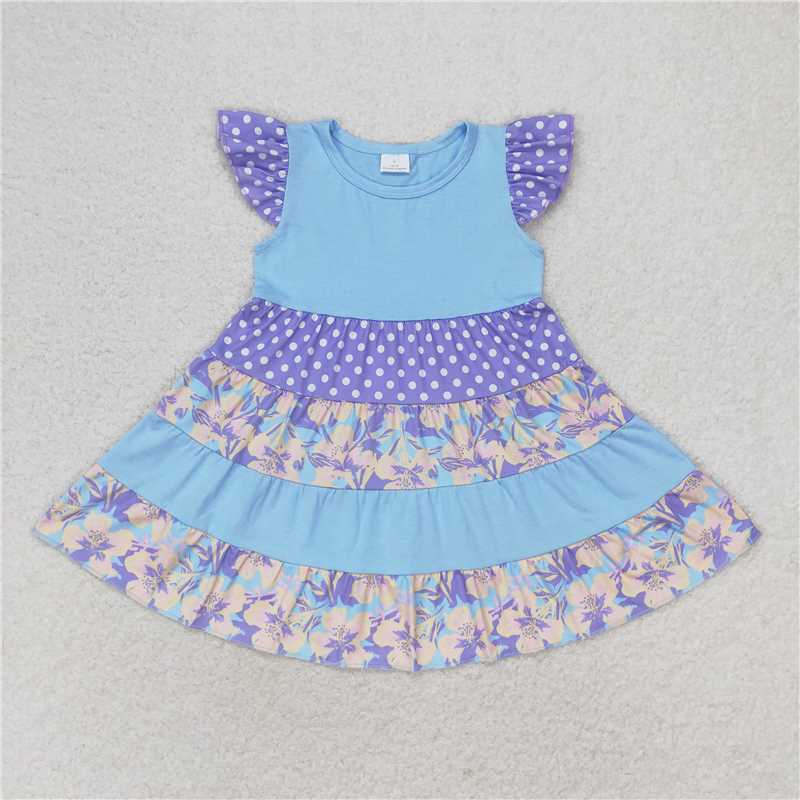 GSD1164 Flower dot blue flying sleeve dress