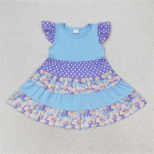 GSD1164 Flower dot blue flying sleeve dress