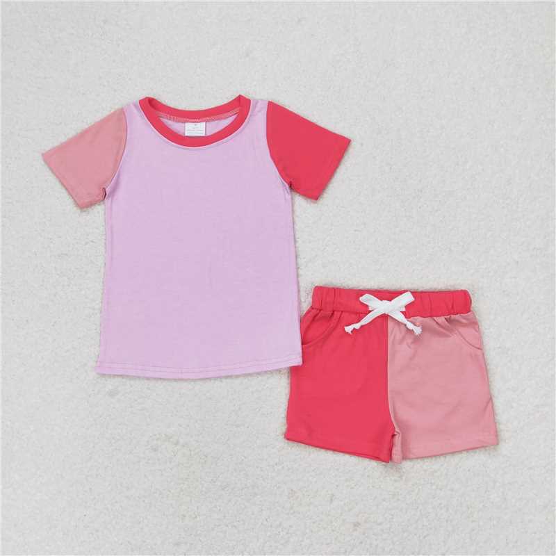 GSSO1269 Pink contrasting patchwork short-sleeved shorts set