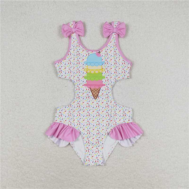 S0178 Ice cream pink lace bow white one-piece swimsuit