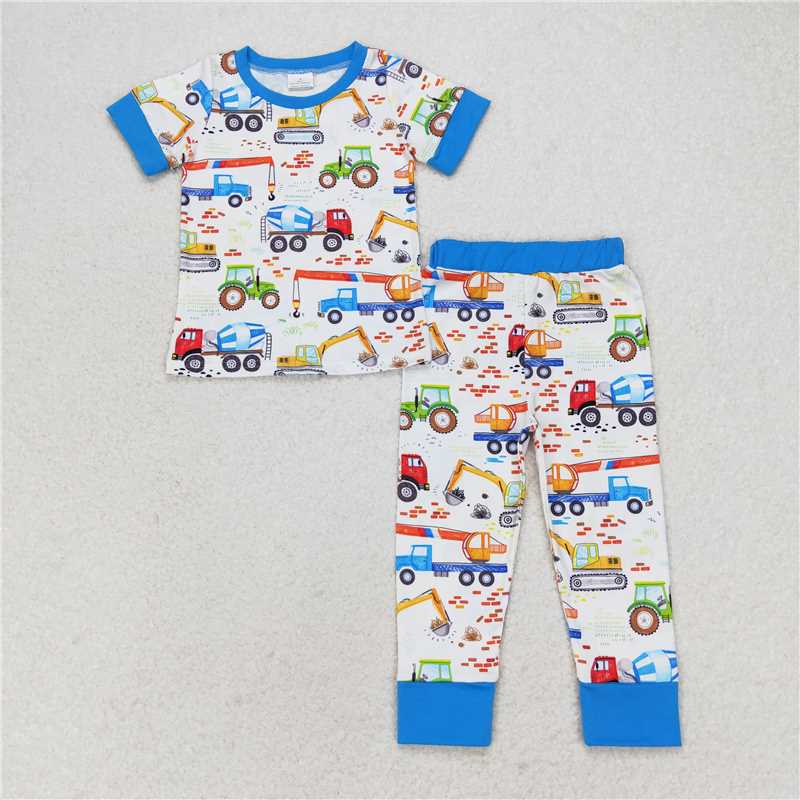 BSPO0385 Engineering vehicle blue and white short-sleeved and long-pants pajama set