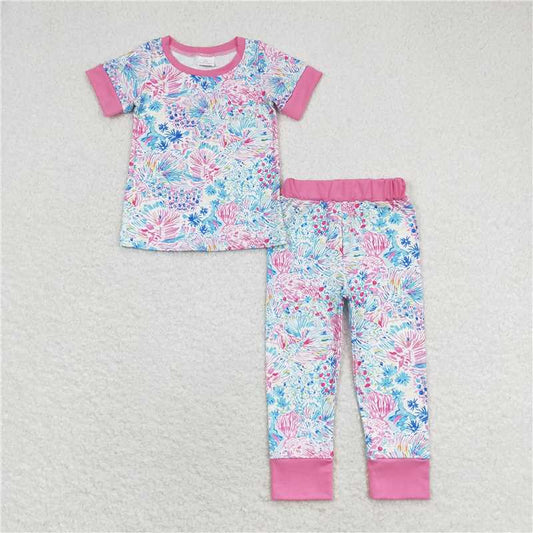 GSPO1550 Seagrass pink and white short-sleeved long pants pajama set