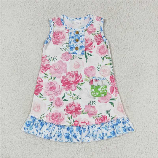 GSD1154 Flower blue floral lace pocket sleeveless dress