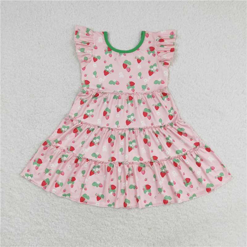 GSD1087 Flower strawberry pink flying sleeve dress