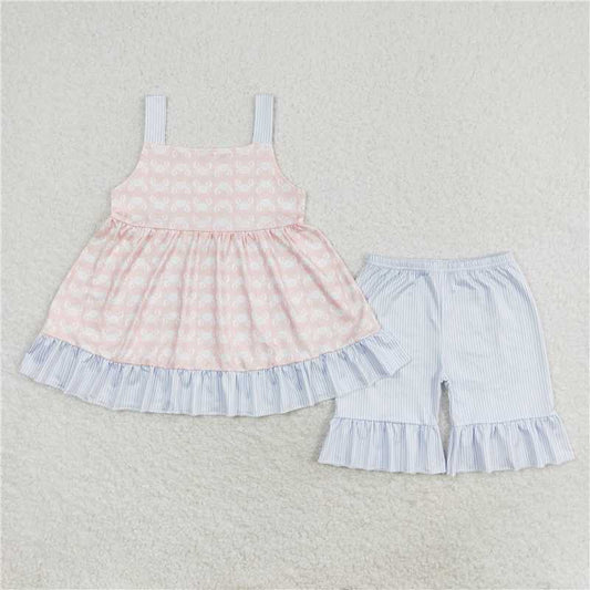 GSSO1306 Crab blue striped lace sleeveless shorts set