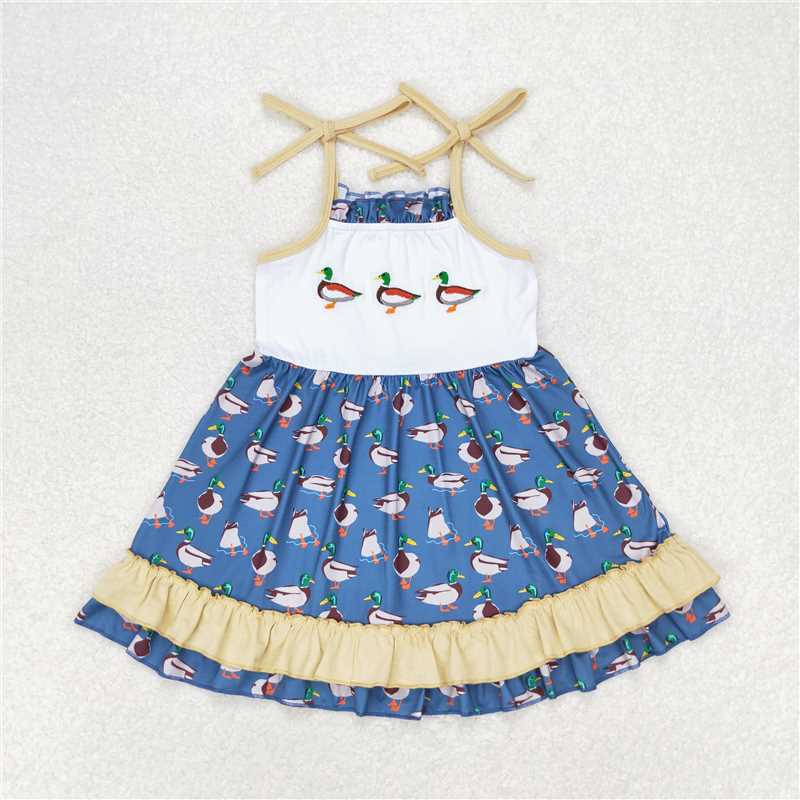 GSD0891 Embroidered duck light brown lace blue suspender dress