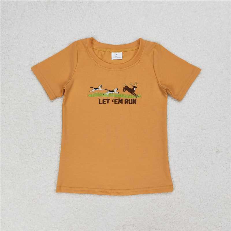 BT0674 let run embroidered puppy elk light brown short-sleeved top