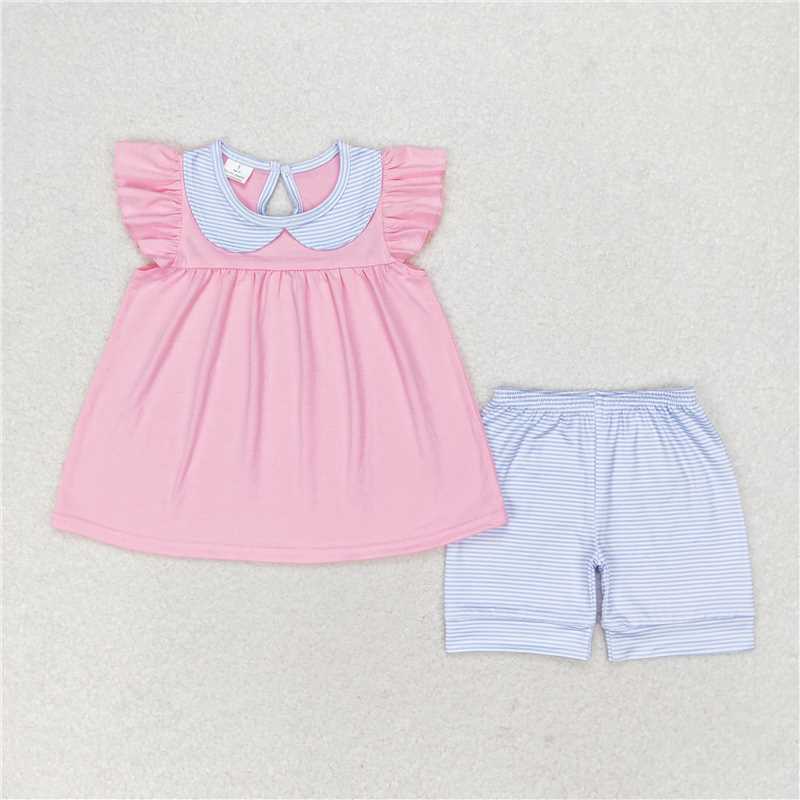 GSSO1064 Blue striped doll collar and pink flying sleeve shorts set