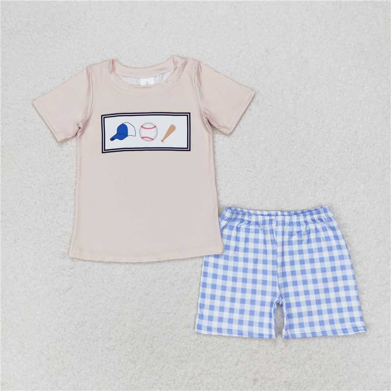 BSSO0919 Baseball beige short-sleeved plaid shorts set