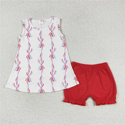 GSSO1199 National Day bow pattern white sleeveless red shorts suit