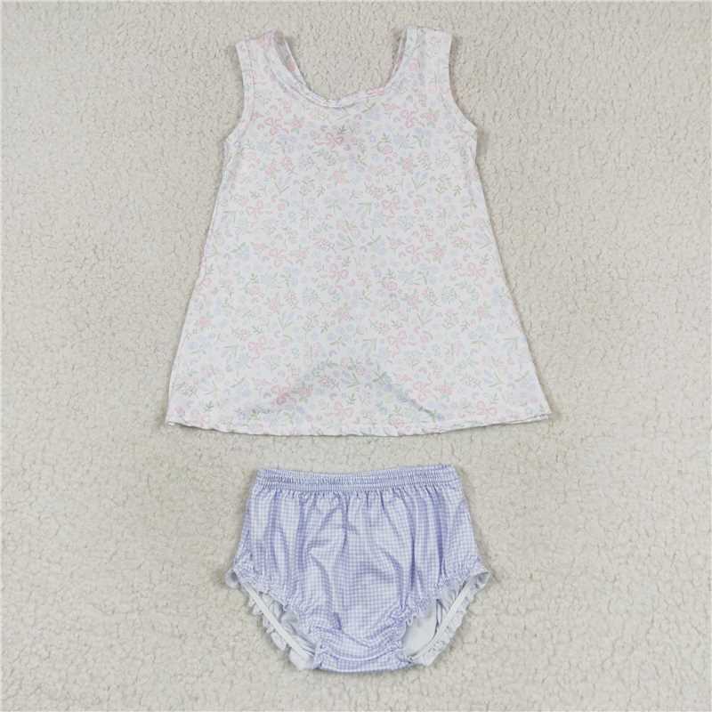 GBO0325 White sleeveless plaid briefs suit with flower bow