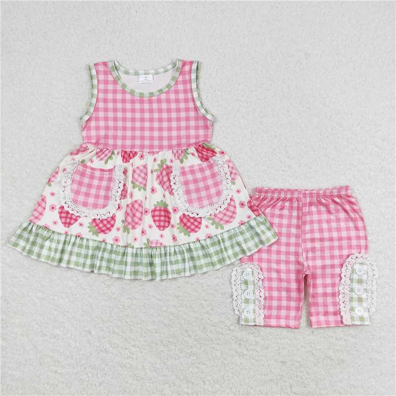 GSSO1183 Flower strawberry green plaid lace sleeveless shorts set