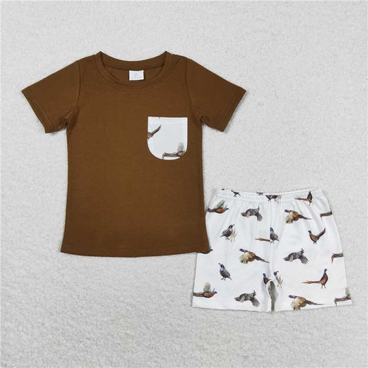 BSSO0925 Bird flying white pocket brown short-sleeved shorts set