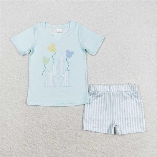 BSSO0777 Castle Balloon Blue Short Sleeve Striped Shorts Set