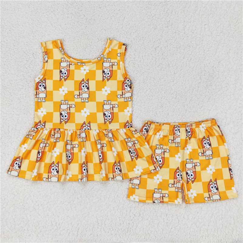 GSSO1249 bluey floral orange plaid sleeveless shorts set