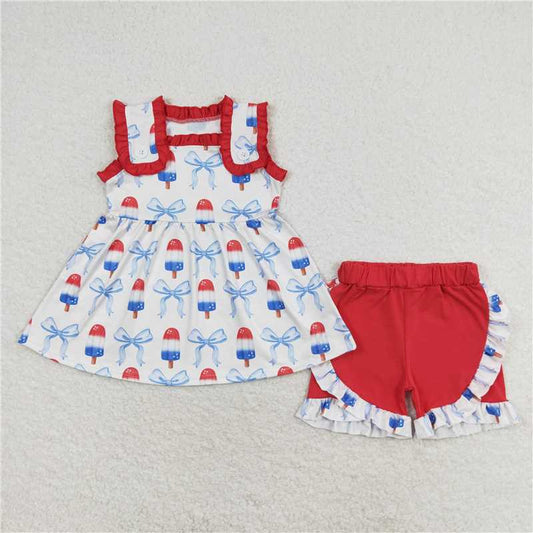 GSSO1152 Bow-knot ice cream red lace sleeveless shorts set