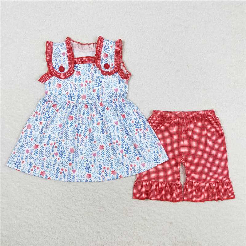 GSSO1112 Flower blue leaf sleeveless red plaid lace shorts set