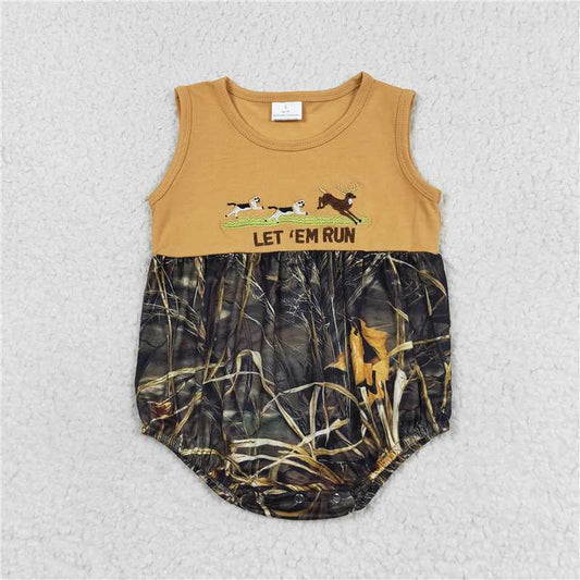 SR1660 Boys let run embroidered puppy elk light brown vest jumpsuit