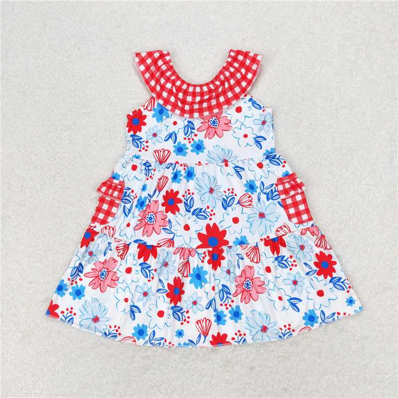 GSD1013 Blue and red floral plaid pocket lace sleeveless dress